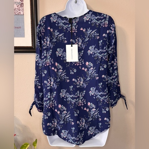41 Hawthorn Blue Floral Sheer Long Sleeve Tie Wrist Blouse Size S NWT - Picture 2 of 12